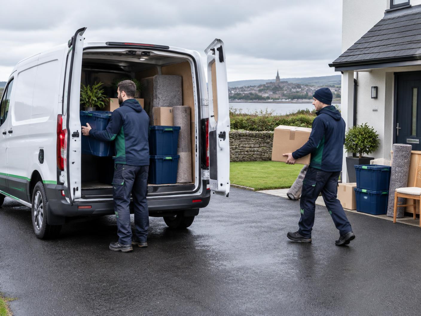 A moving team loading reusable crates into an electric van