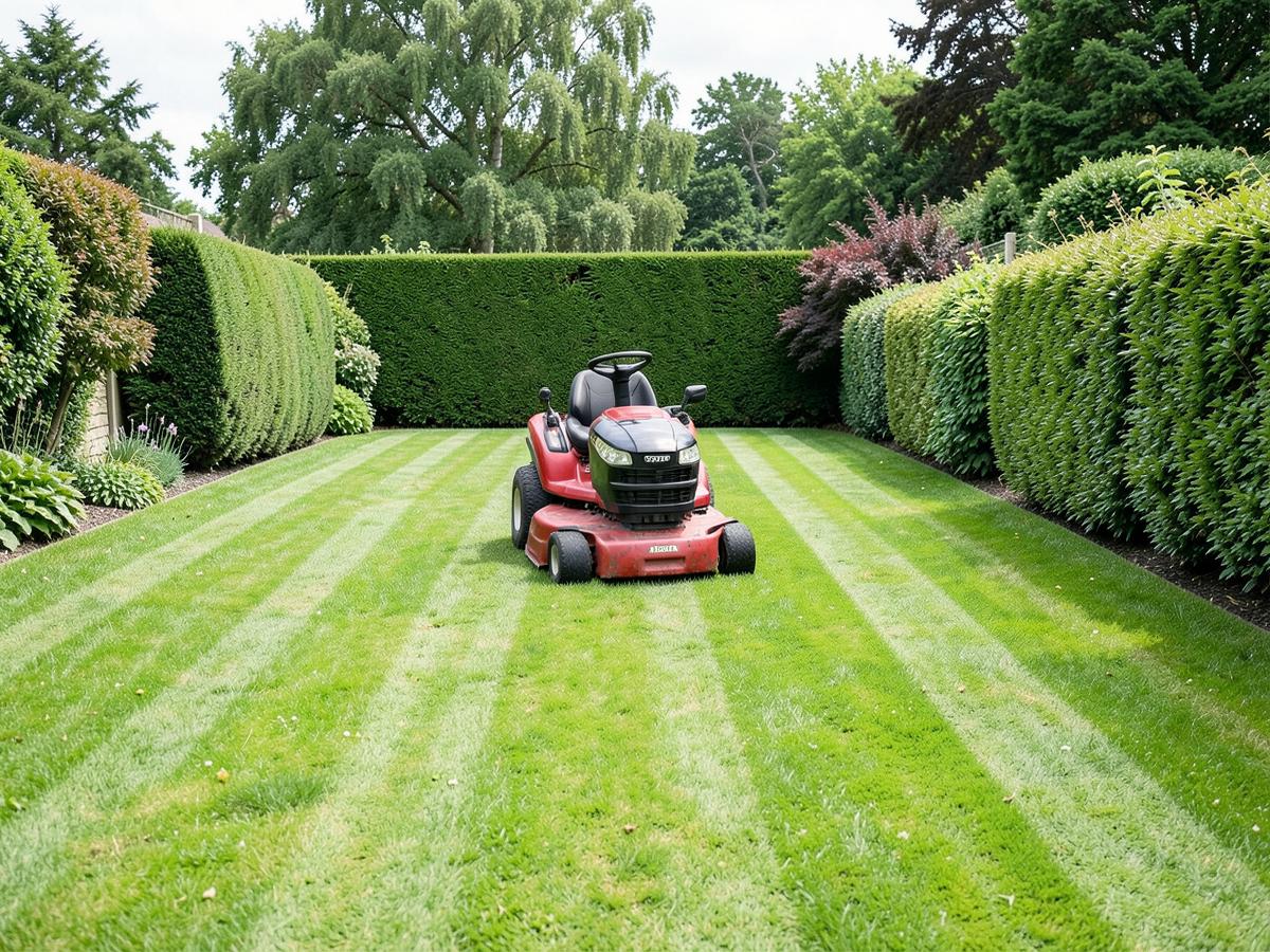 Freshly striped lawn with a ride-on mower