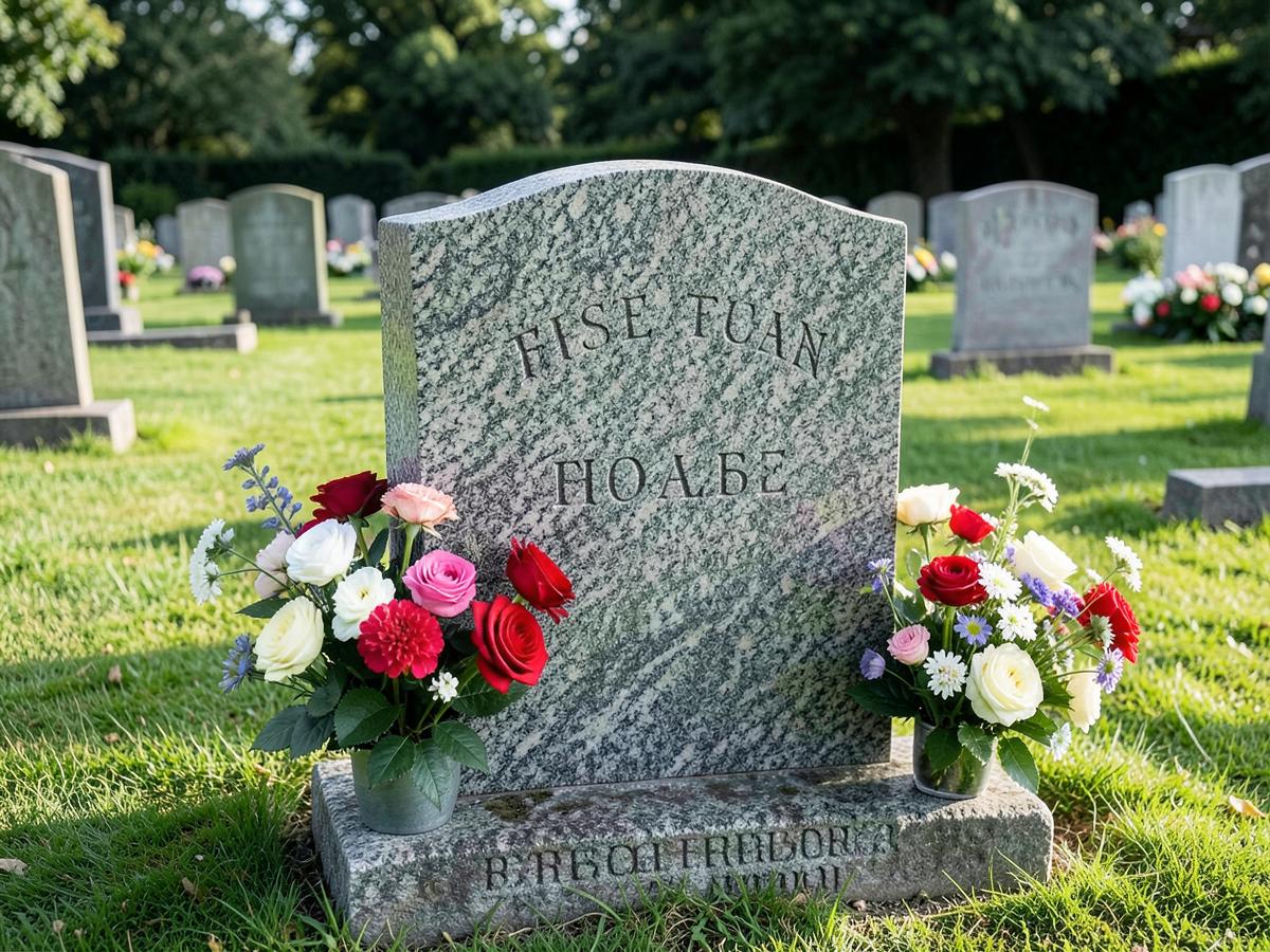 A clean headstone with fresh flowers in a tidy cemetery