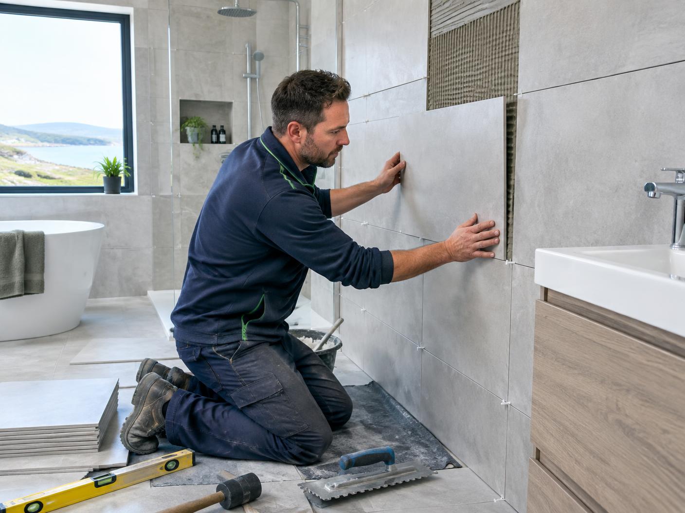 A professional tiler fitting large-format bathroom wall tiles